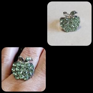 Adjustable Silver Plated Green Rhinestone Apple Ring